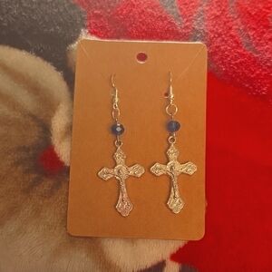Elegant Silver Cross Hook Earrings, Handmade with Blue Glass Accent Beads